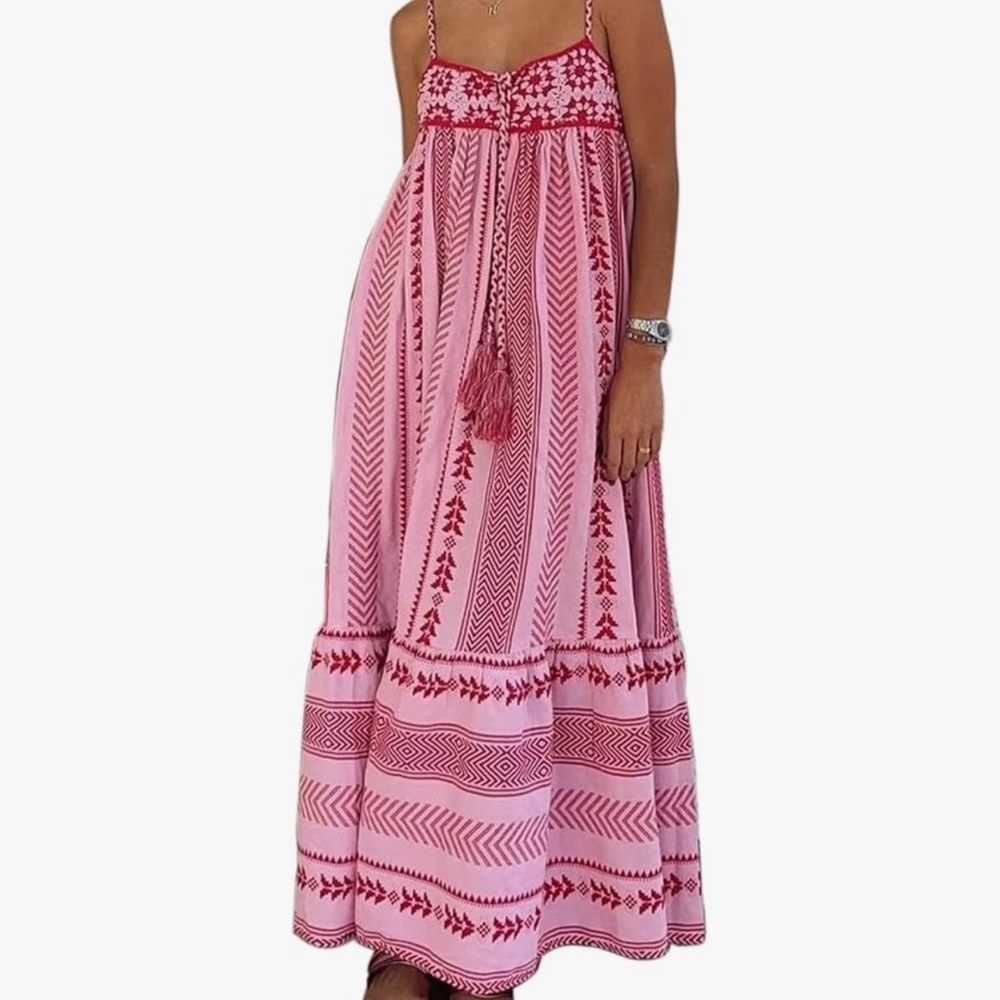 Pink and Red Patterned bohoMaxi Dress with crochet work